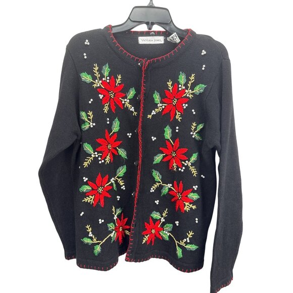 Victoria Jones Women’s Christmas Sweater M Black Embroidered Floral Cardigan - Picture 1 of 7